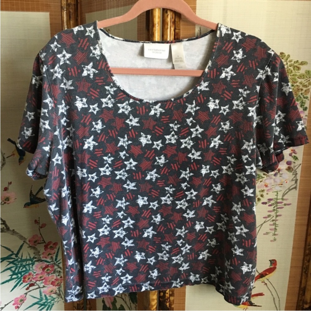 Liz Claiborne tee shirt patriotic blue scoop neck stars stripes American holiday - Picture 2 of 7